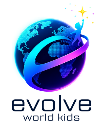 Evolve World Kids Logo The Evolve World Kids logo which shows the world with the letter e wrapped around it and a small silhouette of a child reaching for the stars